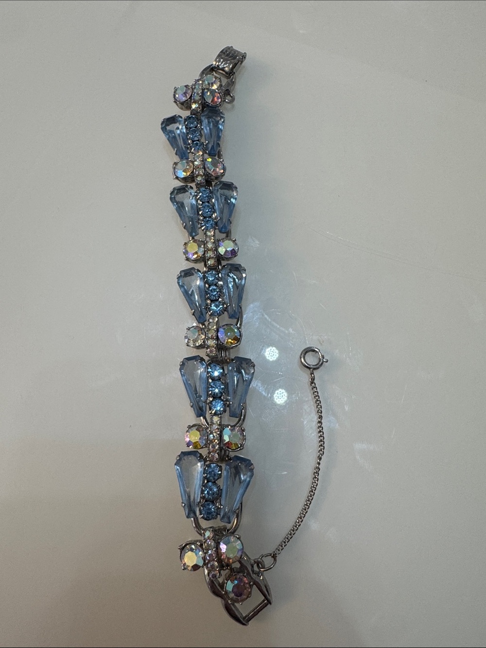 Juliana Pentagon Rhinestone Bracelet Blue Aurora Borealis Vintage - Picture 3 of 7